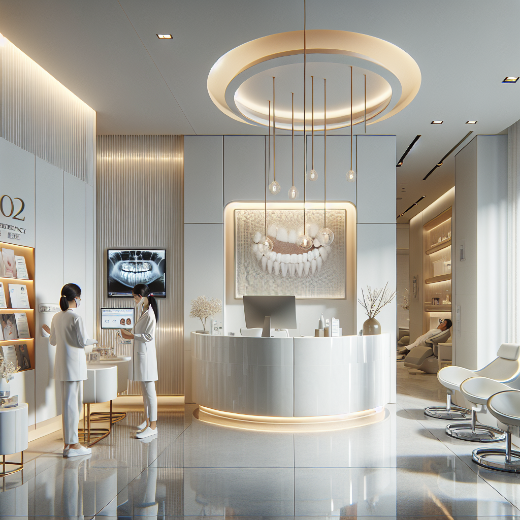 Photograph inside a modern dental treatment room showing a dentist consulting a patient with <a href=